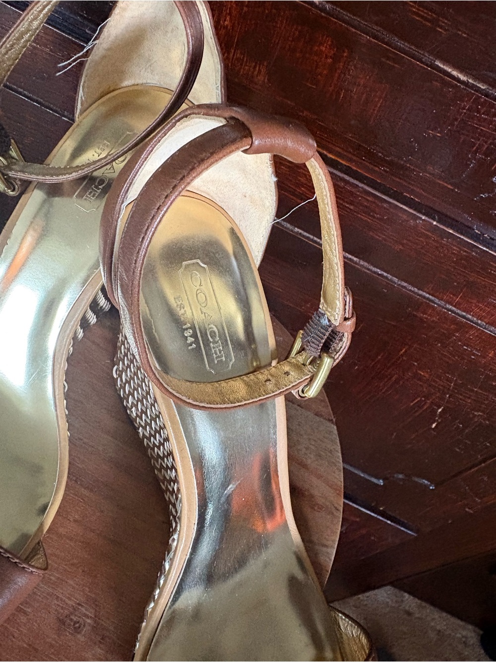 Coach Brown Leather and Gold Metallic Wedge Sandals